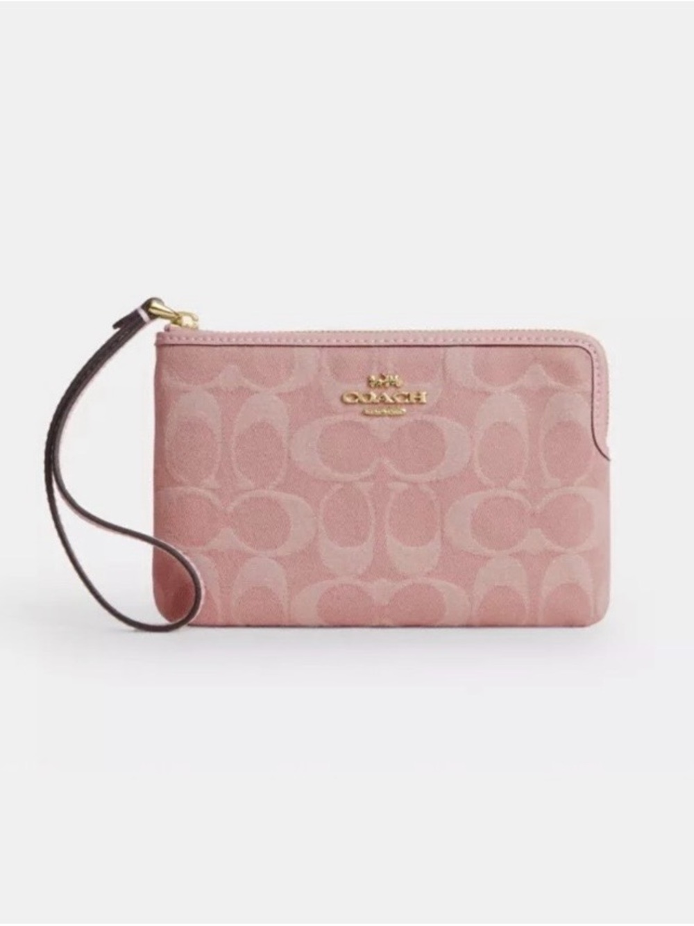 NWT Coach Corner Zip Wristlet In Signature Denim Gold / Pink